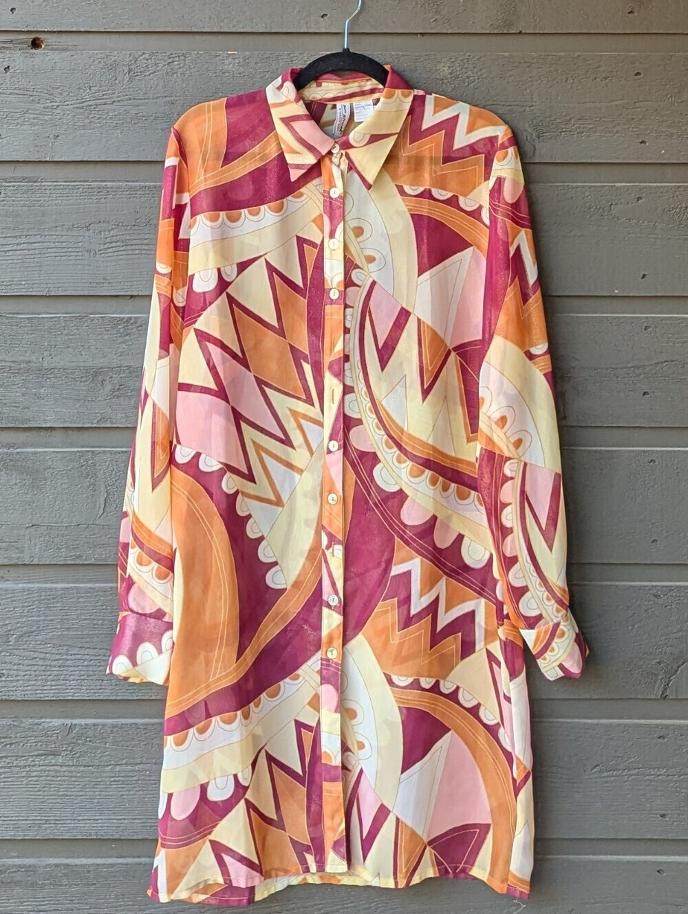 VTG 80s Sun Streak by Newport News Semi-Sheer Abstract Button-Up Coverup Large